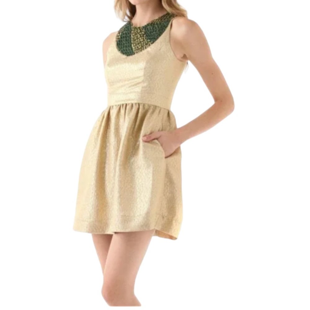 Sleeveless Gold Textured Party Dress with Green Neck Detail